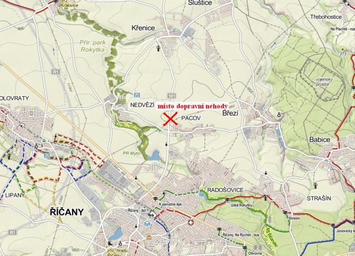 mapa s okolím dopravní nehody u Říčan