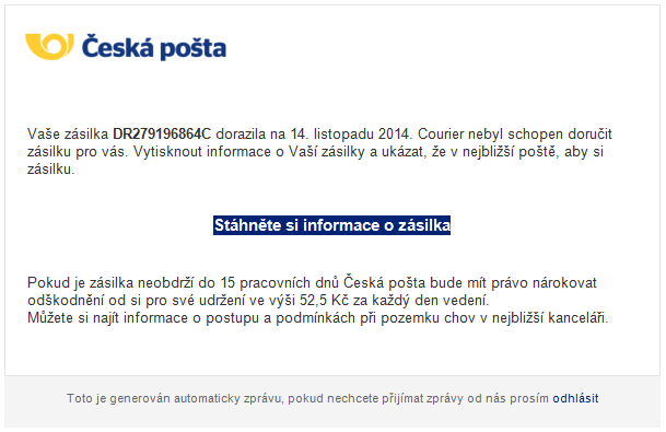 podvodný e-mail pod hlavičkou České pošty